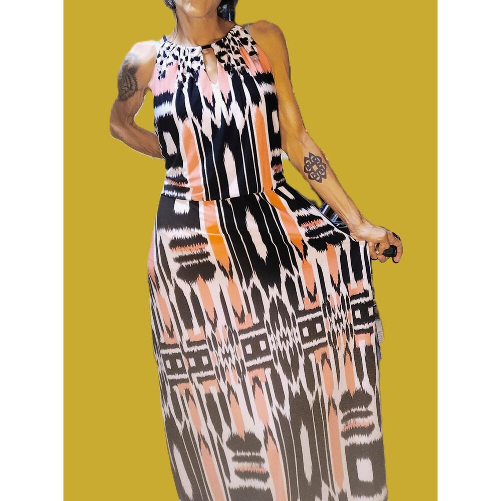 House of CB ~ Pink, Black, & White Ikat Print Maxi Dress ~ Size 16